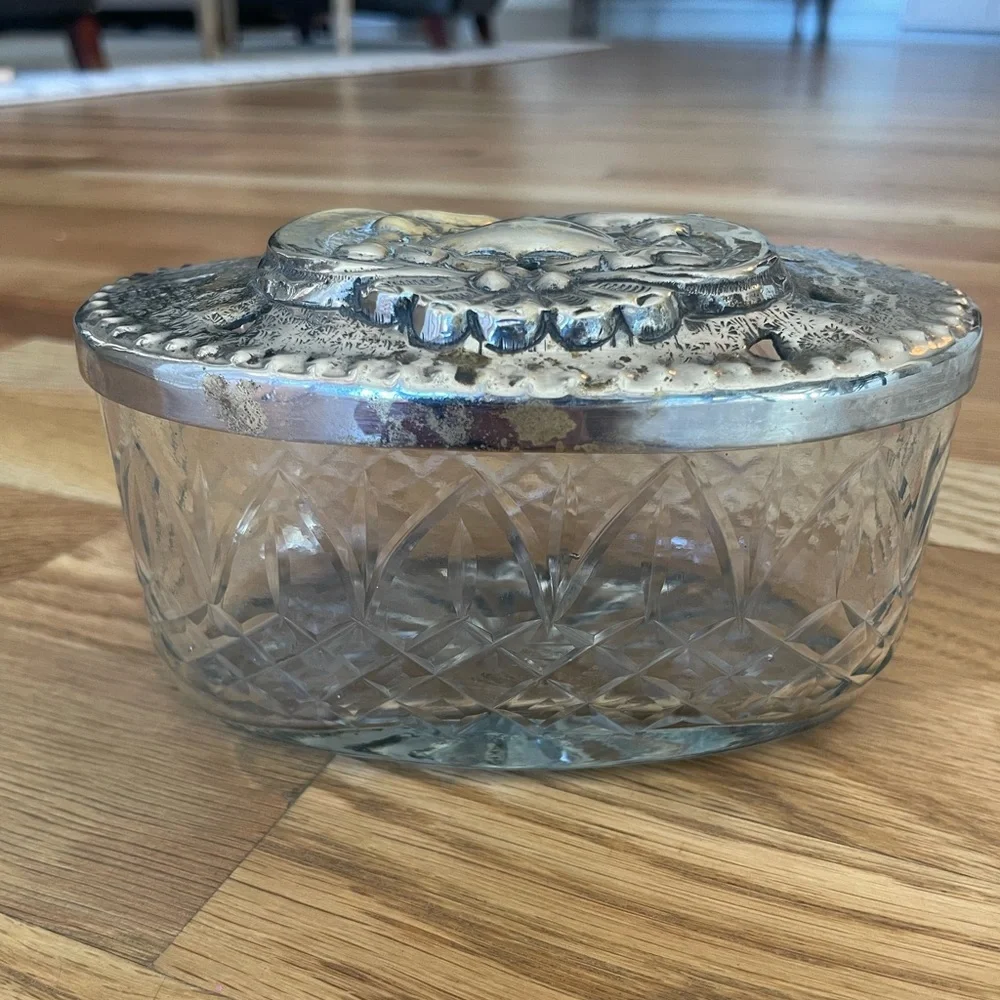 Antique Crystal Trinket Vanity Jar with detailed silver top